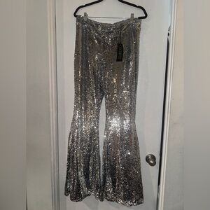 MIRROR BALL DANCER FLARE PANTS | Silver Sequin Club Exx | Dolls Kill
